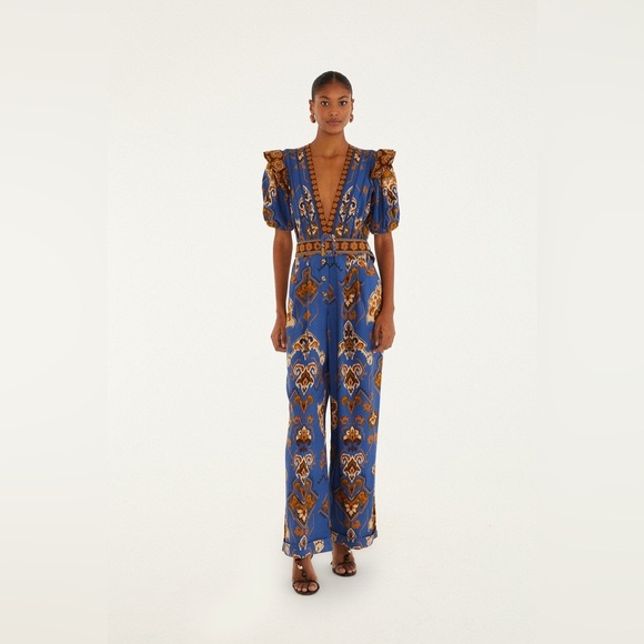 FARM Rio Pants - Farm Rio: Blue Ornament Floral Jumpsuit